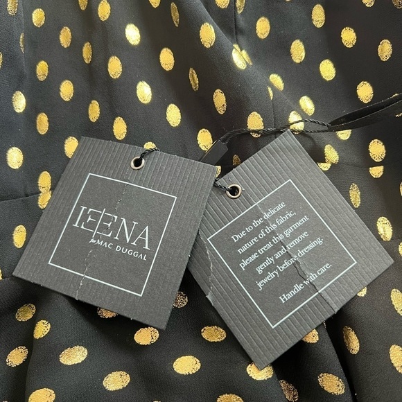 IEENA FOR MAC DUGGAL Ruffle Polka Dot Mini Dress Black Gold Size 4 NEW - Picture 13 of 16